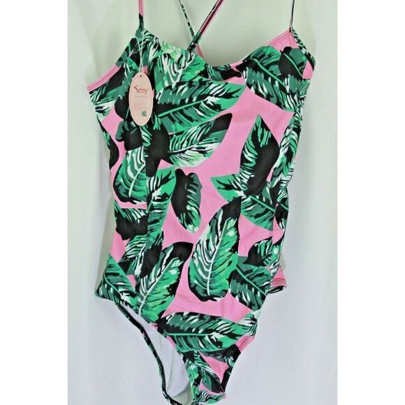 SESY Swimsuit One-Piece Lace Up Tropical Floral Pink Green Womens XL 16 New - Picture 1 of 6